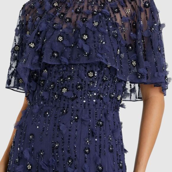 Mac Duggal 93653 Size 18 Dark Navy Blue Floral Cape Trumpet Gown Long Maxi Dress - Picture 3 of 4